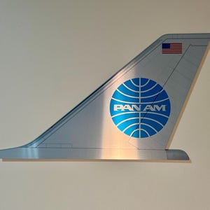 以下が含まれることがあります： 銀色の飛行機の尾翼に、青い地球儀と白い文字で「PAN AM」と書かれている。尾翼の上部には小さなアメリカ国旗が掲げられている。