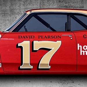 May include: Red racing car door featuring the number 17 in gold, the name "DAVID PEARSON", and sponsor logos. The car door is mounted on a grey concrete wall.