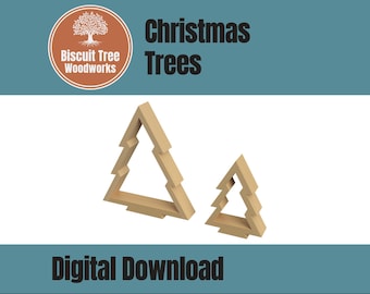 May include: Digital download of two wooden Christmas tree shelf designs. The larger tree is 30 cm tall and the smaller tree is 15 cm tall. The trees are made of unfinished wood and can be painted or stained to match your decor.