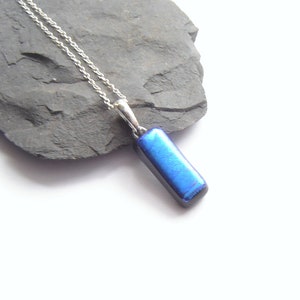 Blue Dichroic Necklace Iridescent Glass Pendant Metallic Blue Narrow Pendant Minimalist Necklace Handmade Christmas Party Gift Ideas for Her