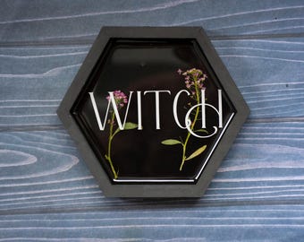 Witch Sign with Dried Flowers, Gothic Wall Decor