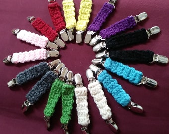 Colorful hand made mitten clips -crocheted in your choice of color -  clips will securely hold mittens to sleeves!