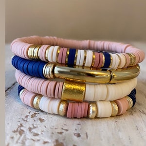 Set of 3 or 4 Heishi  bracelets/ Navy Heishi/pink Heishi/ gold tube bead bracelet