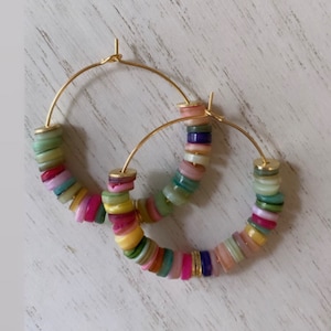 Multicolored Heishi Shell Hoop Earrings/ 35mm gold filled hoops/ silver hoops