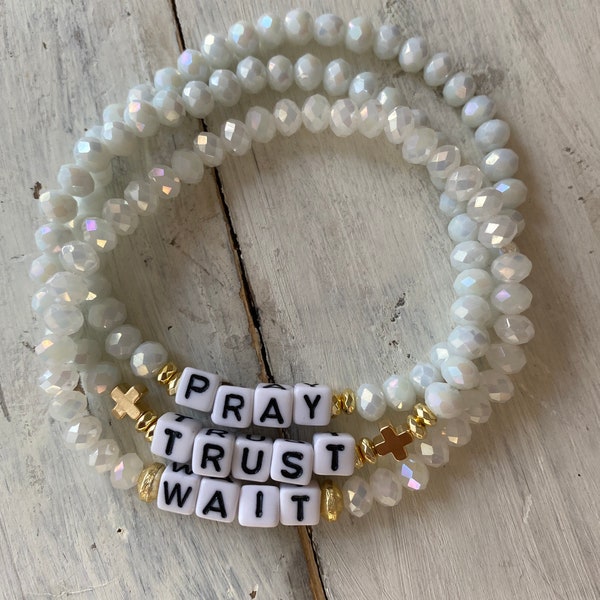 Pray, Trust, Wait,  crystal beaded bracelets. Gold filled cross / womens bracelets/ word bracelets/ religious jewelry/ Catholic/ Christian
