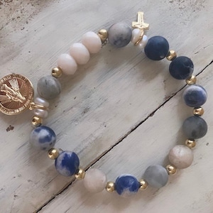 Decade Rosary Bracelet with gold filled tiny  crucifix and gold filled blessed mother metal/ pearl and soldalite stone/ Catholic jewelry
