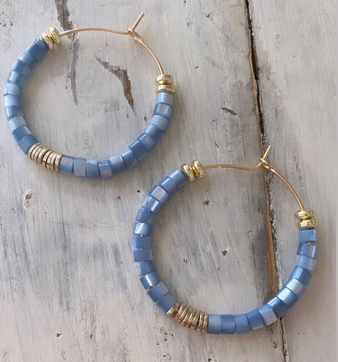 Gold Filled Hoop Earrings/ Blue Pearl Heishi Bead Earrings/ Gold ...