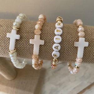 BESTSELLER Mother of Pearl Cross Crystal bracelets/faith bracelet/ cross bracelet/stretch bracelet/ religious jewelry