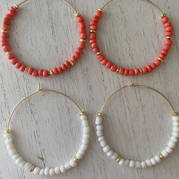 Large hoop earrings/ 14 kt gold filled or Silver filled/glass beaded hoops in white or coral