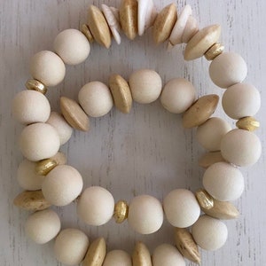 Beaded wood bead bracelets with natural wood saucer beads and shells/ wood beaded bracelet/womens jewelry