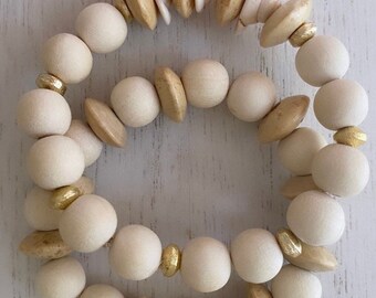 Beaded wood bead bracelets with natural wood saucer beads and shells/ wood beaded bracelet/womens jewelry
