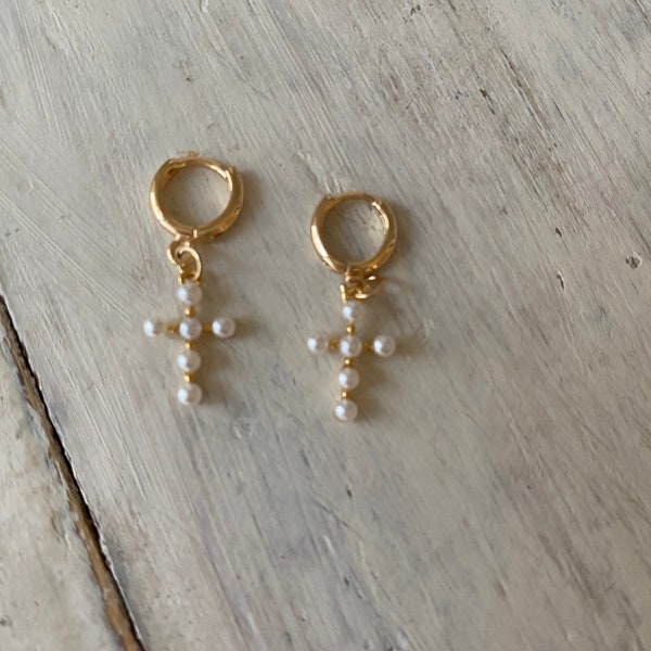 Gold filled Huggie earrings with a small pearl cross/ The Jessica Faith Collection