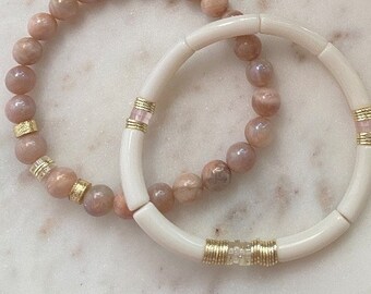 Set of 2 bracelets Peach Moonstone beaded bracelet with gold plated accents and Small Ivory bangle with gold accents and pink clear heishi