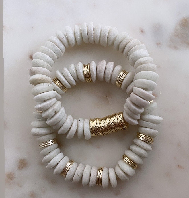 White Saucer  beaded bracelet/ gold disc/ beaded jewelry/ BellaMareDesigns