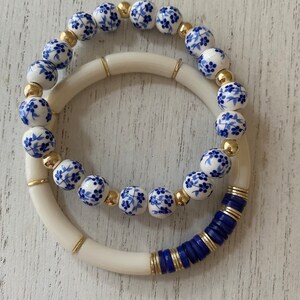 Blue floral and 14k gold filled beaded bracelet set/ Heishi bangle