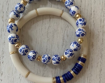 Blue floral and 14k gold filled beaded bracelet set/ Heishi bangle
