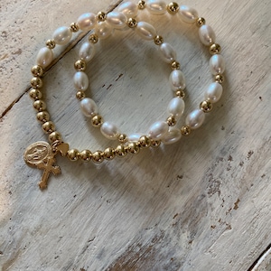 To Jesus Through Mary -freshwater pearl beaded bracelet with gold filled beads/ gold filled heart/ gold filled Miraculous metal/ cross