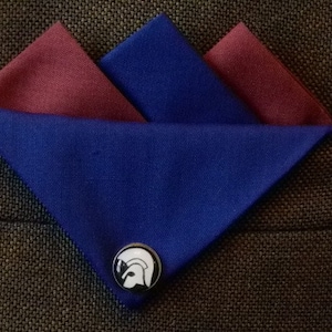 Puede incluir: Un pañuelo de bolsillo azul y burdeos con un alfiler de casco blanco. El pañuelo de bolsillo está doblado en forma de triángulo y está metido en una chaqueta de traje marrón.