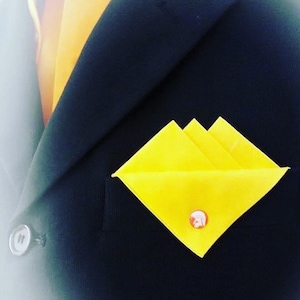 May include: A yellow pocket square folded into a triangle shape with a red button featuring a white logo in the center. The pocket square is in a black suit jacket.