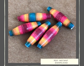 May include: Five colorful paper beads with a striped pattern in shades of red, orange, yellow, blue, and teal. The beads are arranged in a cluster on a brown surface. PDF INSTANT DOWNLOAD text is visible at the bottom of the image.