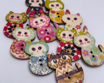 Cat Buttons x 10 - Super Cute Wooden Pussy Cat Buttons for Clothes, Kitty Shape Craft Supplies - Kitty Sewing Button for fastenings closures