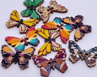 Butterfly Buttons x 10 - Cute Wooden Butterfly Shape Buttons for Clothes, Craft Supplies - Insect Sewing Button for fastenings closures