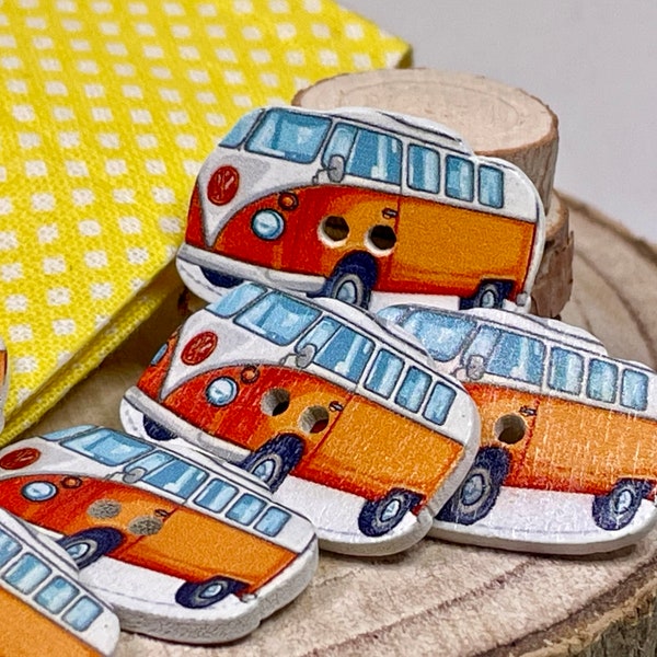 Groovy Retro Campervan Buttons x 10, Summer of Love Sewing buttons for crafts, Wooden Novelty Buttons for cloths or gifts & Embellishment