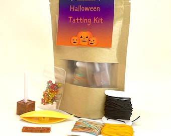 Beginners Tatting Kit with Halloween Spooky Theme Thread, frivolity craft with thread, shuttle, beads and picot gauges, Gothic Theme