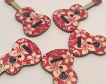 Red Hawaiian Tropical Buttons - Guitar Shaped Wooden Rainbow - Red & White Flower Themed Fun 2 hole Buttons - Set of 10