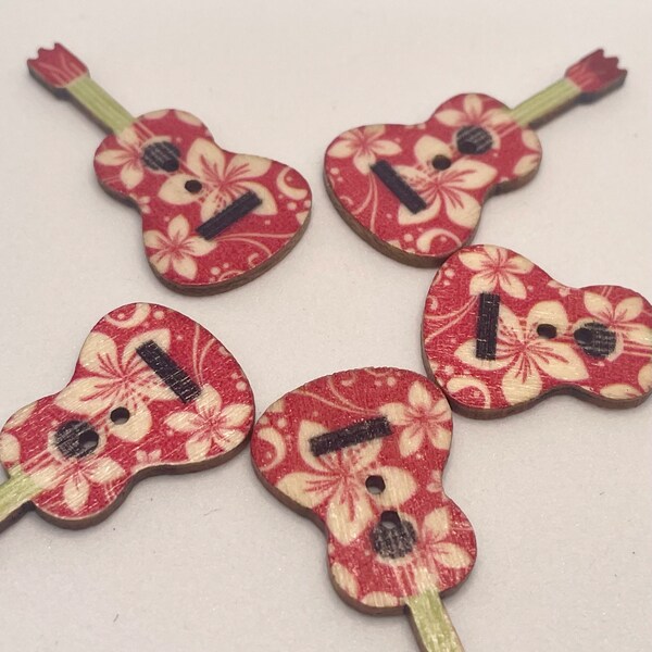 Red Hawaiian Tropical Buttons - Guitar Shaped Wooden Rainbow - Red & White Flower Themed Fun 2 hole Buttons - Set of 10