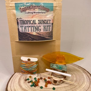 Beginners Tatting Kit with Tropical Sunset Thread, frivolity craft set with thread, shuttle,  beads and picot gauges, patterns included