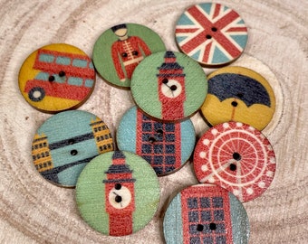 10 x British English Icon Wooden Buttons, Featuring buses, Union Jack Flag, London Bridge, Telelphone Box, Big Ben, Round two hole button