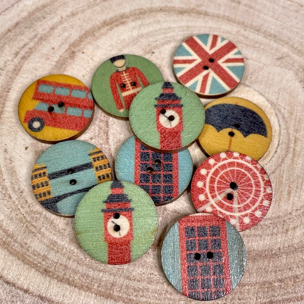 10 x British English Icon Wooden Buttons, Featuring buses, Union Jack Flag, London Bridge, Telelphone Box, Big Ben, Round two hole button