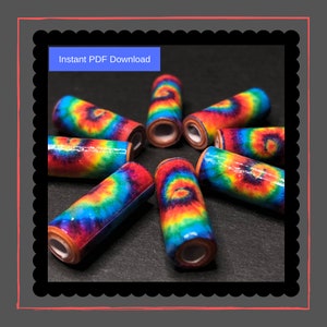 May include: Eight colorful tie-dye patterned wooden beads. The beads are arranged in a circle on a black surface. Instant PDF Download.