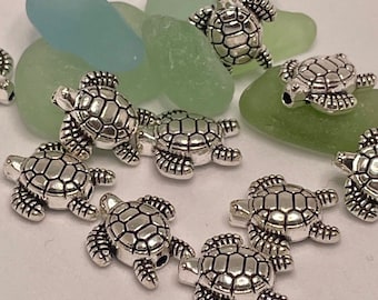 10 x Turtle Spacer Beads, Antique Silver Two Hole Beads, Jewerly Making Supplier, Tortoise Reptile Ocean Sea Creatures