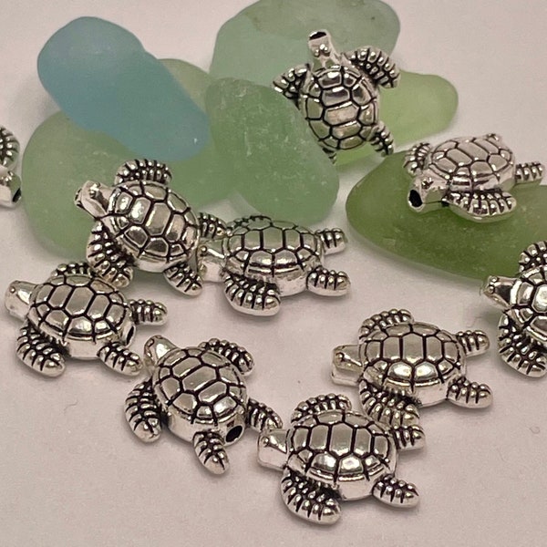 10 x Turtle Spacer Beads, Antique Silver Two Hole Beads, Jewerly Making Supplier, Tortoise Reptile Ocean Sea Creatures