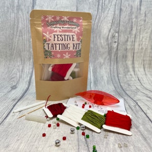 Beginners Tatting Kit with Festive Christmas Theme Thread, frivolity craft with thread, shuttle,  beads and picot gauges, patterns included