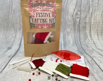 Beginners Tatting Kit with Festive Christmas Theme Thread, frivolity craft with thread, shuttle,  beads and picot gauges, patterns included