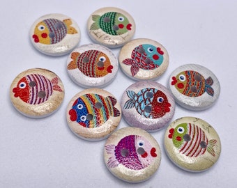 Fish Buttons Buttons - Round Wooden Rainbow Colours - Ocean Theme 2 hole Buttons - Set of 10