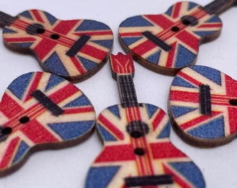 Union Jack Guitar Buttons Buttons - Guitar Shaped Wooden Rainbow - Red, White and Blue Themed Fun 2 hole Buttons - Set of 10