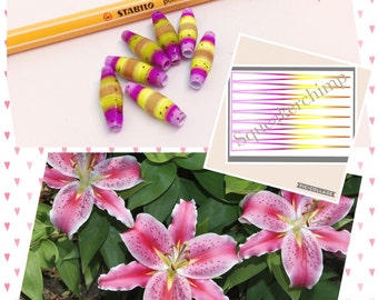 Paper Bead Template for bead rolling - Instant Downloads PDF -  Lily Flower Pink Yellow Bicone Beads