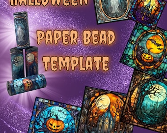 Halloweeen Paper Bead Template for bead rolling - Stained Glass Halloween Tube Beads - Instant Downloads PDF -  Pumpkins, castle, ghosts