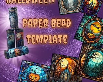 Halloween Papierperlenschablone zum Perlenrollen - Stained Glass Halloween Tube Beads - Instant Downloads PDF - Kürbisse, Schloss, Geister