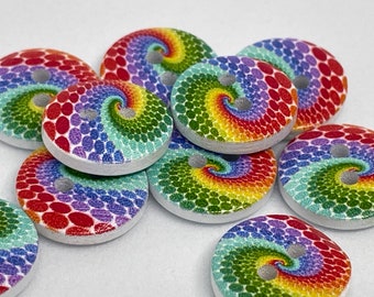 10 x Rainbow Swirl Wooden Round Buttons, 2 Hole Psychedelic Retro Buttons for Sewing, Knitting, Crochet, Crafts - express yourself