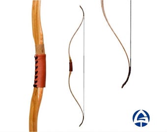 May include: A recurve bow made of light-colored wood with a natural grain pattern. The handle section features a brown leather grip wrapped with black lacing. The bow is shown in a close-up view and as a full length profile with a black bowstring.