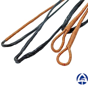 Può includere: Primo piano di una corda per arco marrone e nera con un anello all'estremità. La corda per arco è realizzata con un materiale intrecciato.