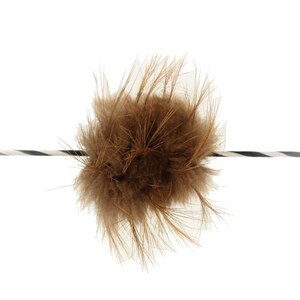 May include: A brown feather duster tied to a black and white striped string.