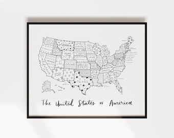 Hand Painted & Illustrated Map of the United States of America - Etsy