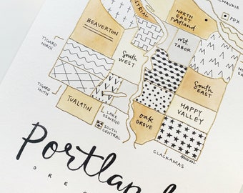 Hand-Painted Portland Neighborhoods Map with Raised Borders