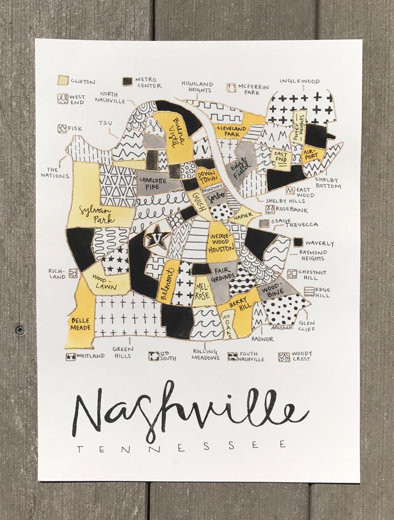 Nashville Neighborhood Map with Raised Borders Etsy